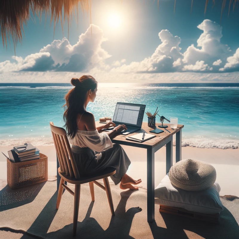 Frau am Meer sitzend und remote arbeiten