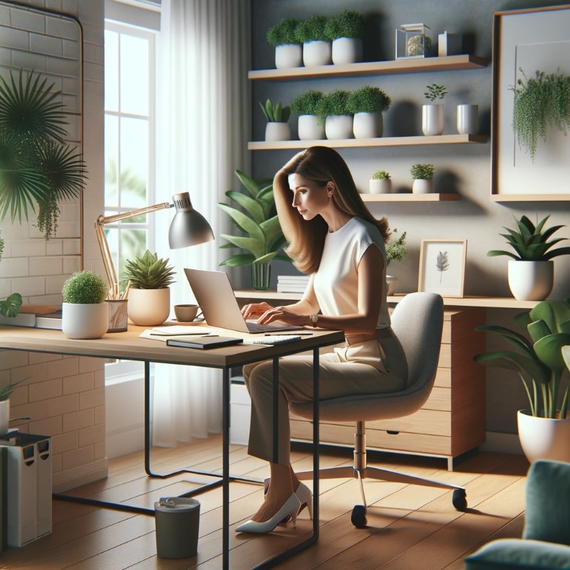 Frau effektiv remote arbeiten im Homeoffice am Schreibtisch