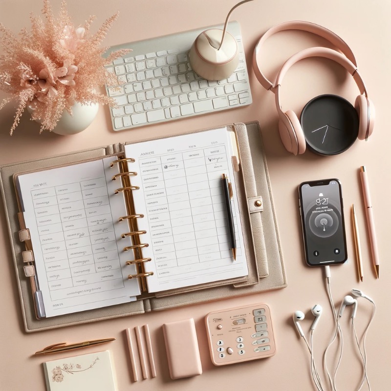 Tisch mit Kopfhörern und einen Notizbuch und Stiften und einem Handy
